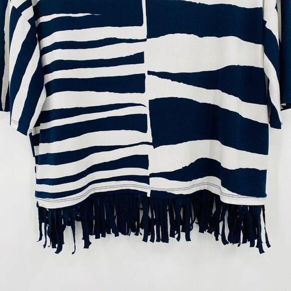 Chico's Size 0 Small Navy & White Striped Fringed Boxy Short Sleeve Blouse Top - Picture 3 of 9